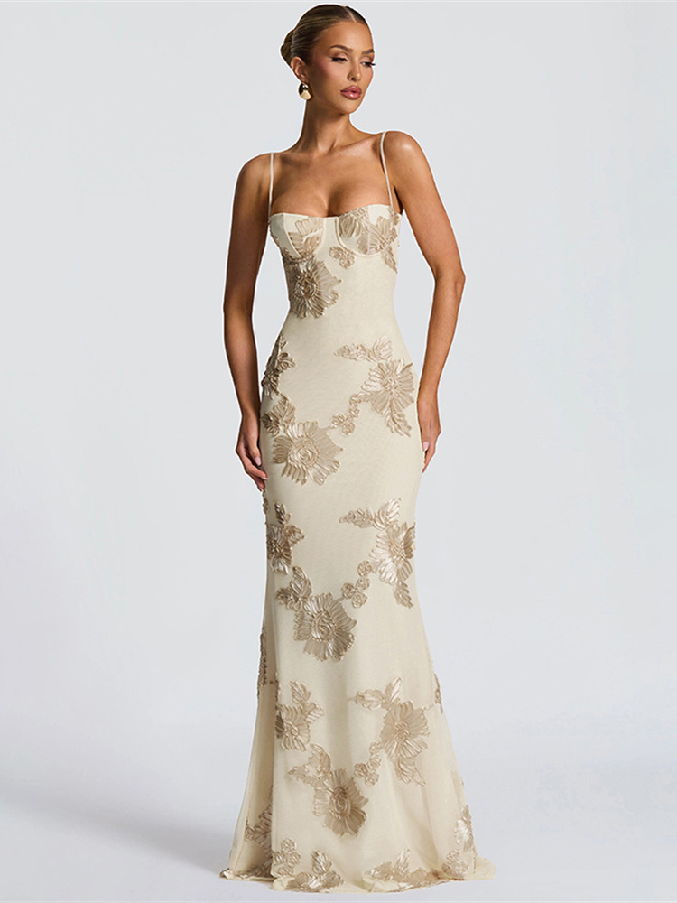 Nibber Elegant Flower Embroidery Maxi Dress Women, Low Neck Cross Bandage Backless Summer Skinny Holiday Vestidos