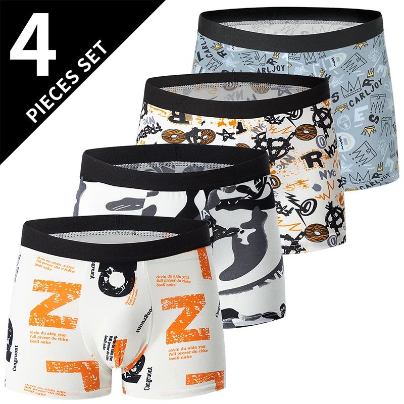 4-Piece Men Fashion Print Mix and Match Underwear – Comfortable, Breathable Beach Shorts for Teenager