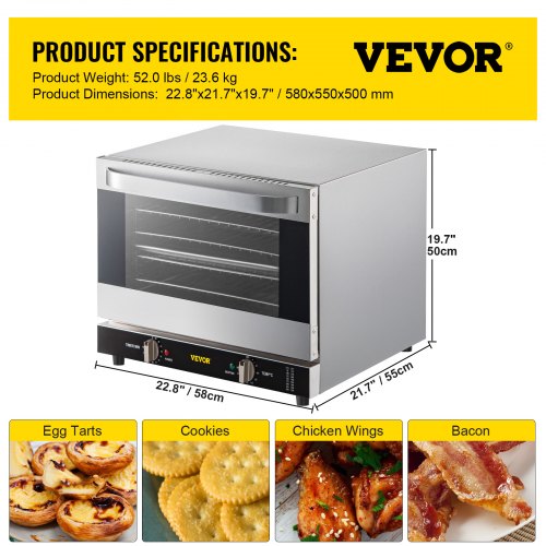 Commercial Convection Oven, Electric Countertop Tier Toaster, Stainless Steel Baking Oven w/ Trays, Wire Racks