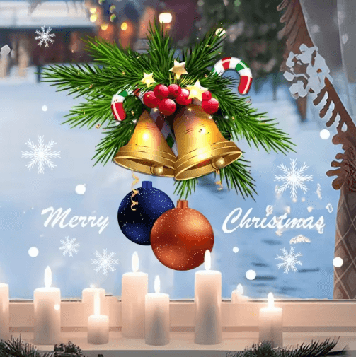 Reusable Christmas Window Stickers – Static Cling Golden Bells, Red Berries & Snowflakes (1pc / 2pcs)