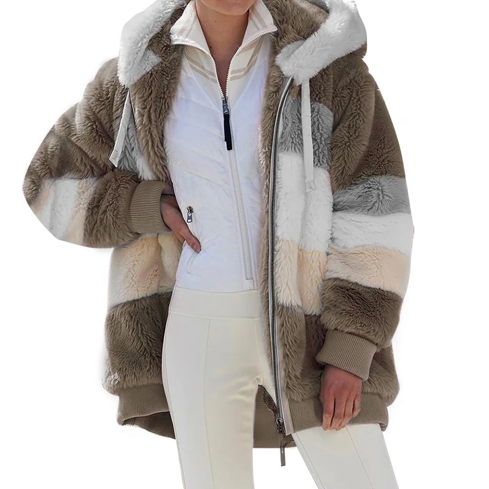 Oversized Plush Hooded Jacket for Women Warm Winter Cashmere Coat with Zipper and Pockets