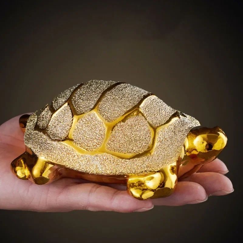 Lucky Gold Ceramic Turtle Figurine for Desk and Home Decor