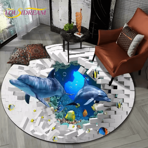 3D Ocean Dolphin Area Rug – Non-Slip Underwater Illusion Round Carpet