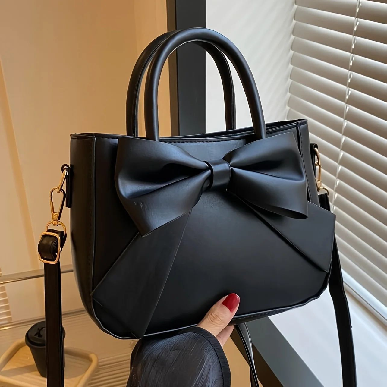EleganceBow PU Leather Crossbody Handbag | Women's Chic Shoulder Bag with Gold Hardware & Detachable Strap