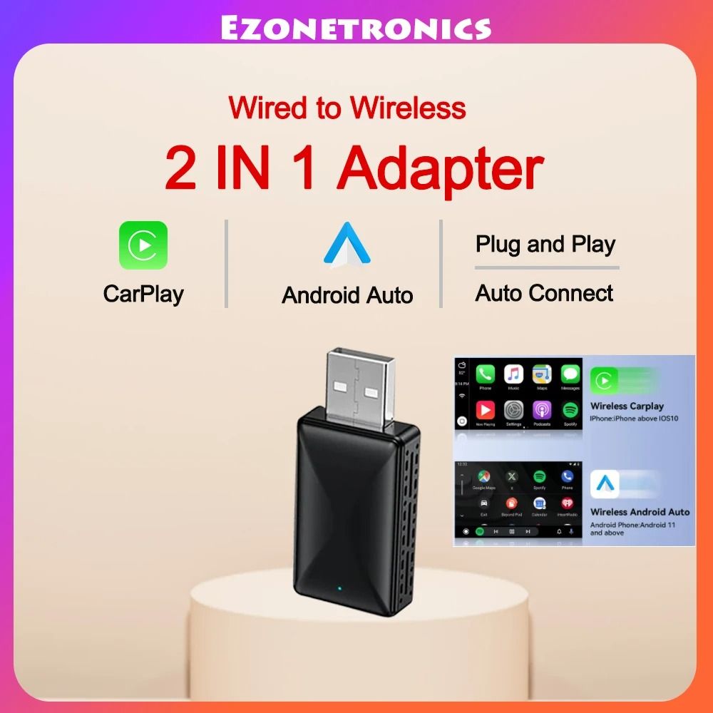 2 in 1 Wired to Wireless CarPlay and Android Auto Adapter USB Plug and Play