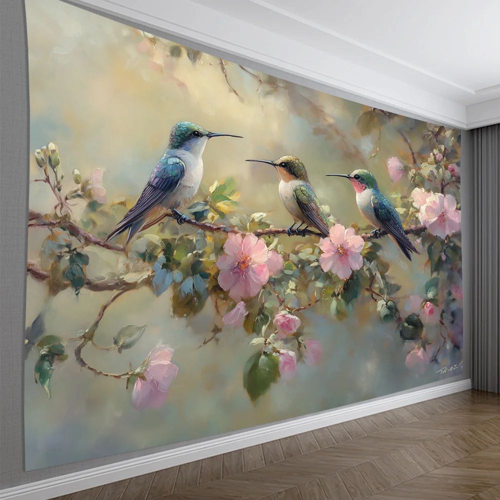 Vibrant Hummingbird Floral Wall Tapestry – 3D Printed Polyester Art Hanging for Bedroom & Office Decor
