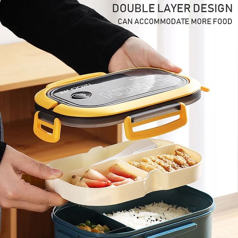 Double Layer Bento Lunch Box With Spoon And Fork Leakproof Food Container