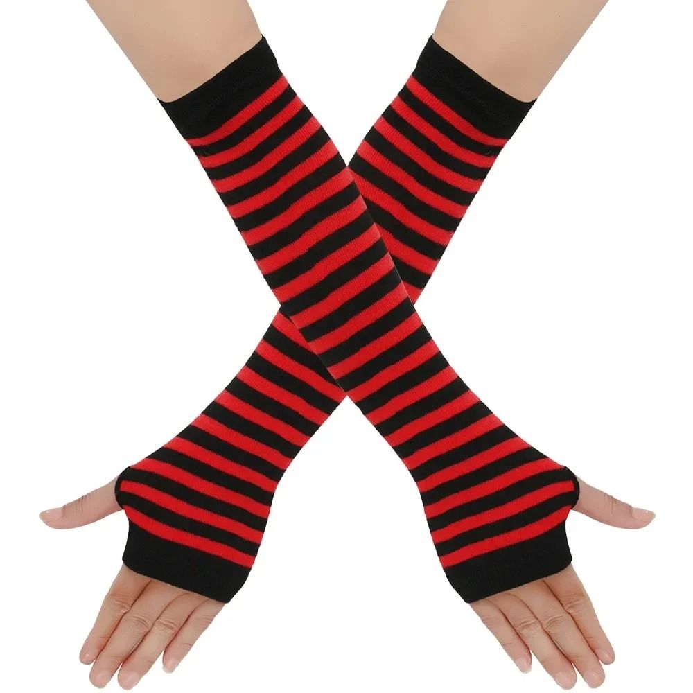 Warmer Knitted Long Fingerless Gloves Lady Striped Elbow Mittens
