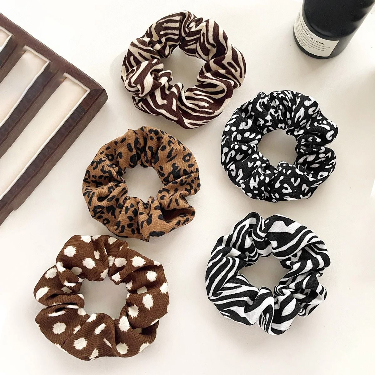Retro Pattern Hair Scrunchies Set Leopard Cow Spot Polka Dot 5pcs