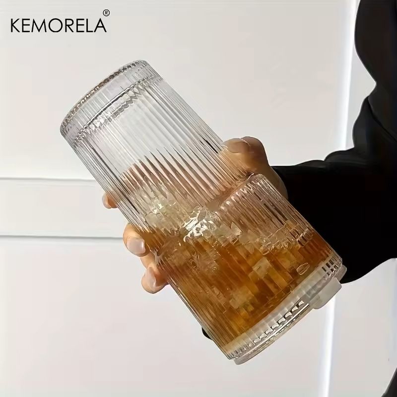 600ML Stripe Glass Coffee Cup with Lid and Straw
