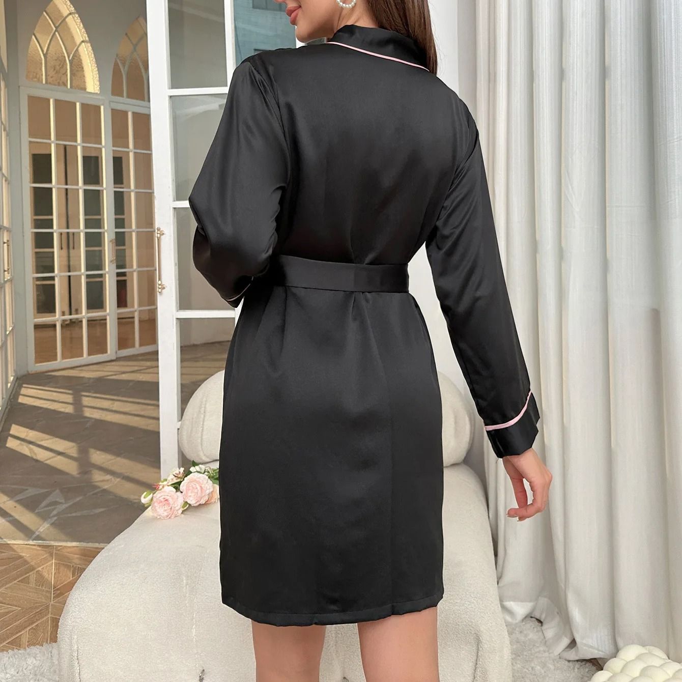 Satin Luxe Kimono – Elegant V-Neck Robe with Contrast Piping