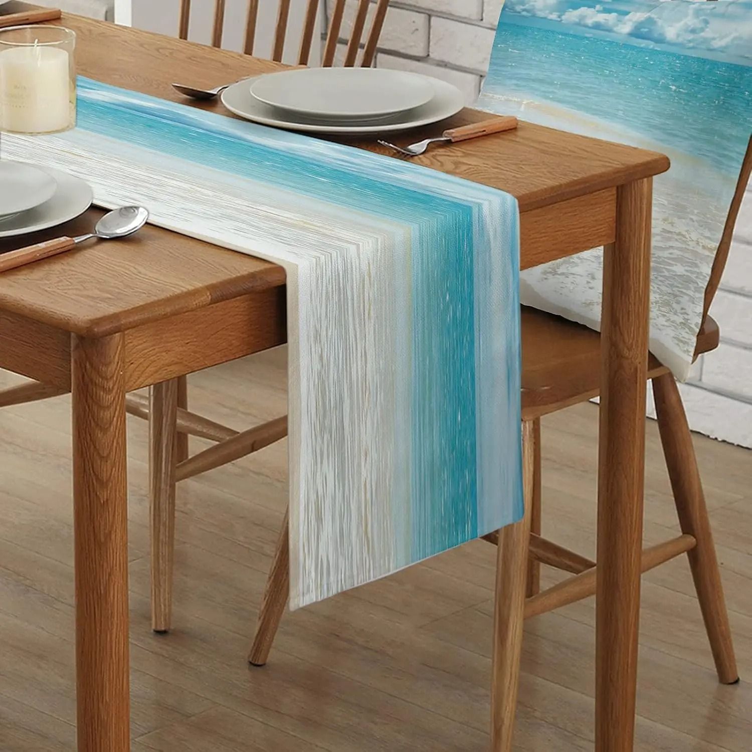 Summer Ocean Beach Linen Table Runner | Coastal Sea Water Farmhouse Dresser Scarf