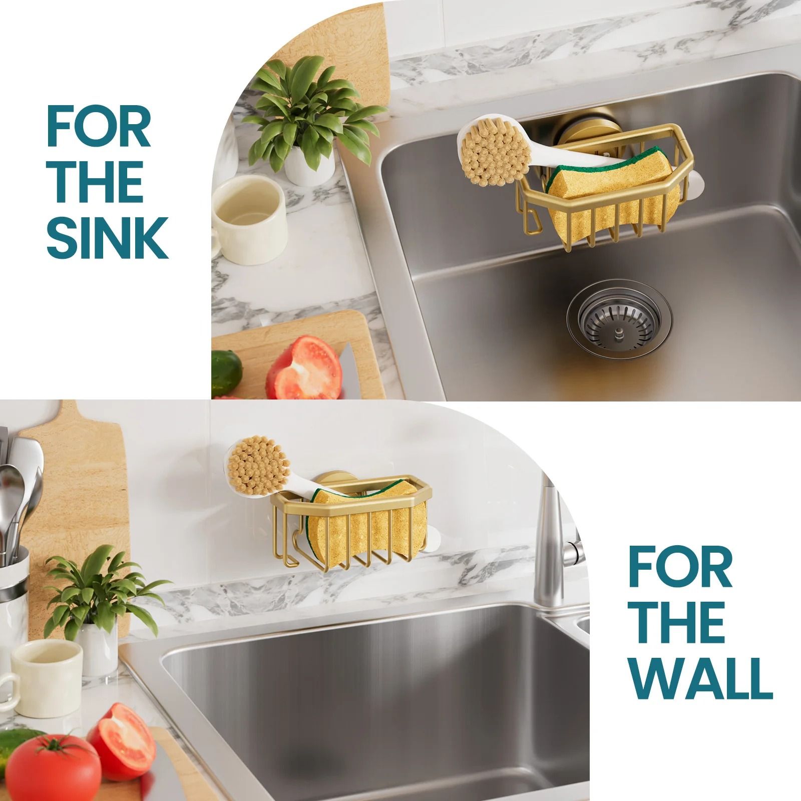 Gold Kitchen Sink Caddy – Rustproof Aluminum Sponge & Brush Holder with Strong Suction