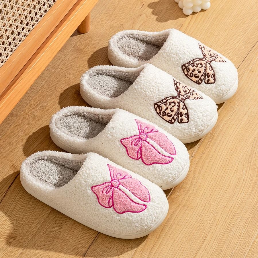 Womens Winter Slippers Indoor Elegant Bow Soft Sole Warm House Shoes