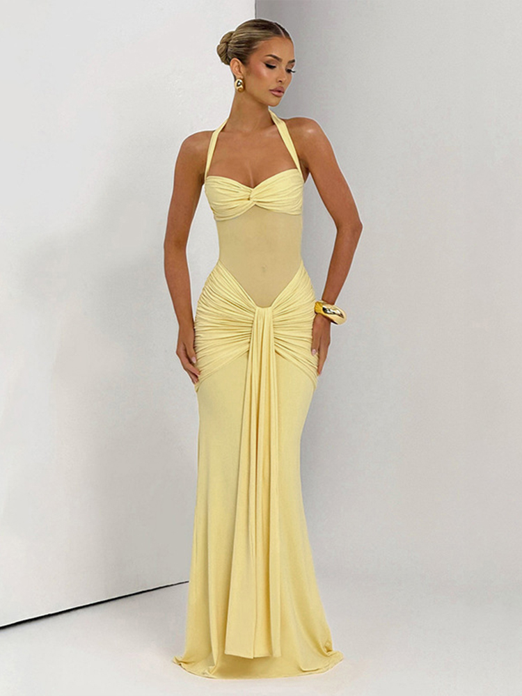 Sexy Patchwork Elegant Maxi Dress Women Trendy Halter Backless Bodycon with Sheer Ribbons for Evening Wear