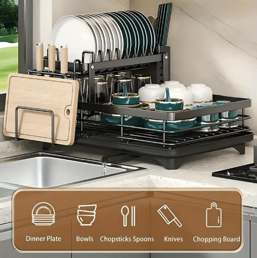 Double Tier Extendable Dish Drainer Large Capacity Adjustable Kitchen Countertop Rack