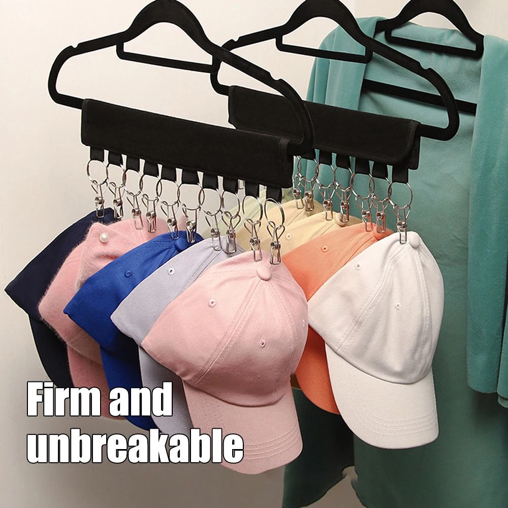 8-Clip Hat Organizer Hanging Strap with Velcro & Stainless Steel Clips, No-Drill Vertical Storage for Caps & Clothes