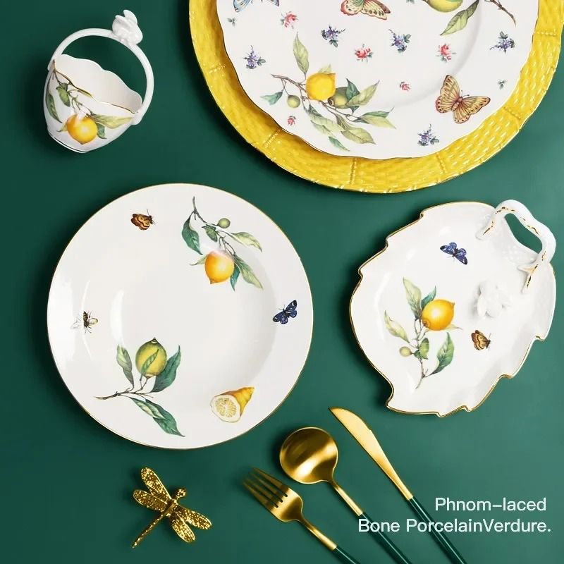 European Style Lemon Pattern Ceramic Dining Set – Elegant Dinner, Steak & Dessert Plates