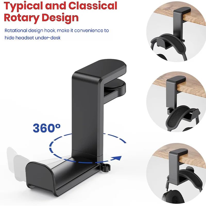 360° Rotating No-Drill Desk Headphone Hanger Clip - Under Desk Headset Holder & Multi-Purpose Hook