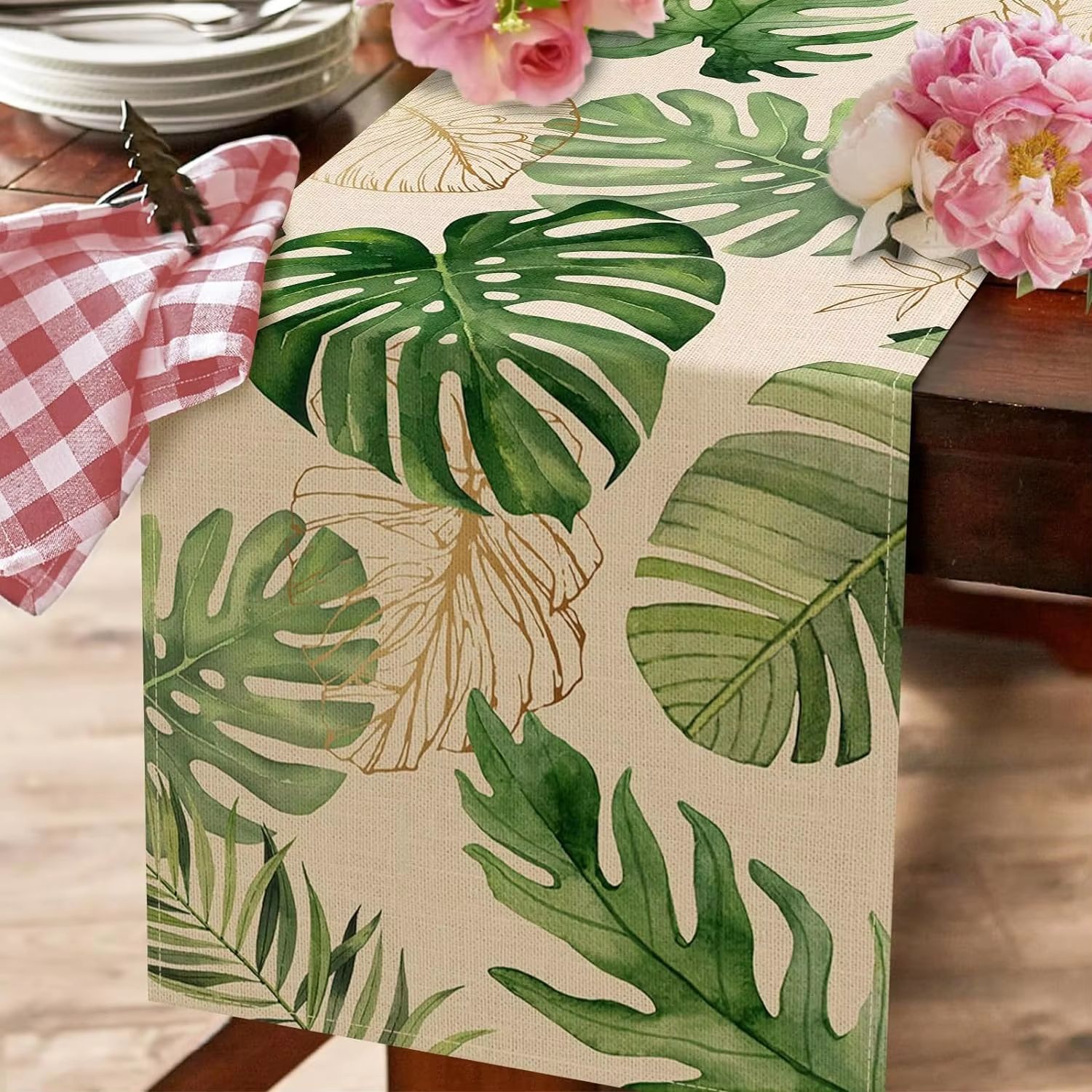 Tropical Palm Leaves Linen Table Runner for Summer Kitchen and Dining Decor
