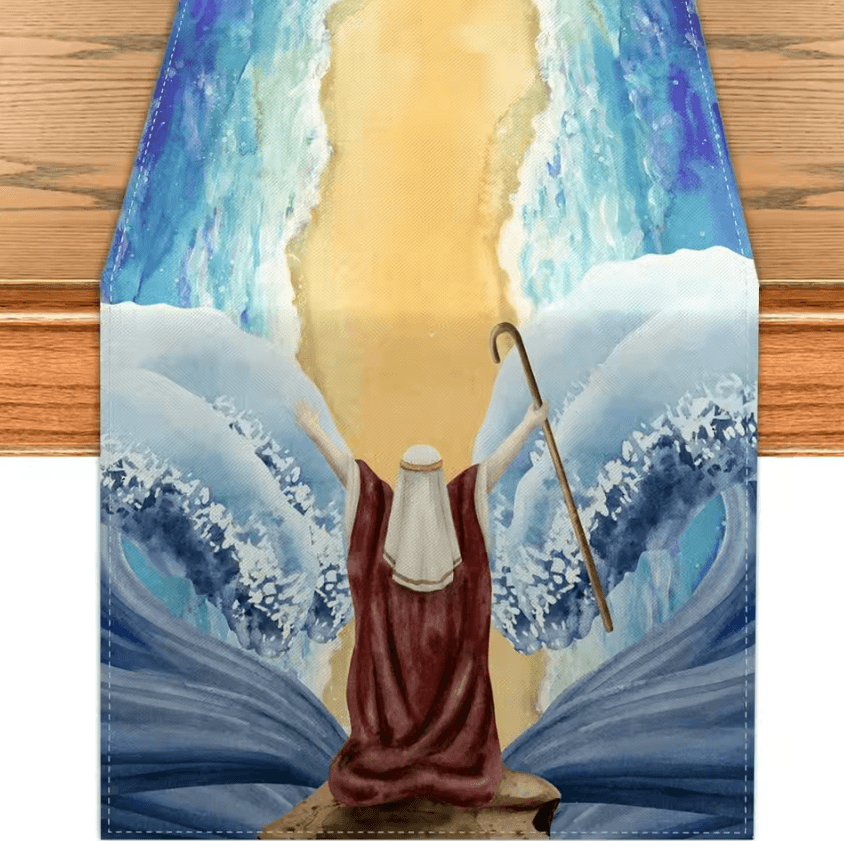 Passover Linen Table Runner – Red Sea Design Pesach Festival Dining Decor