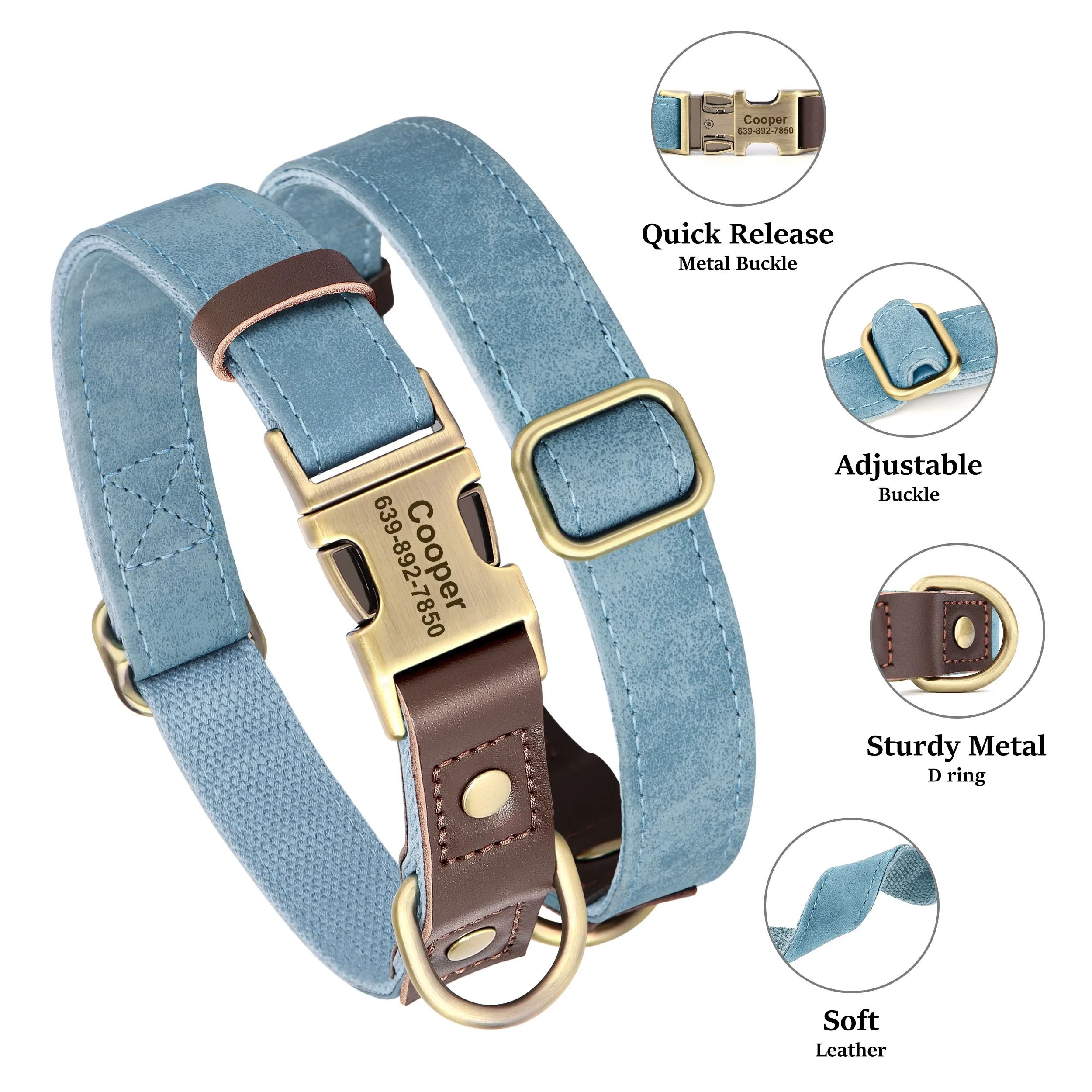 Custom Engraved PU Leather Dog Collar Adjustable ID Buckle