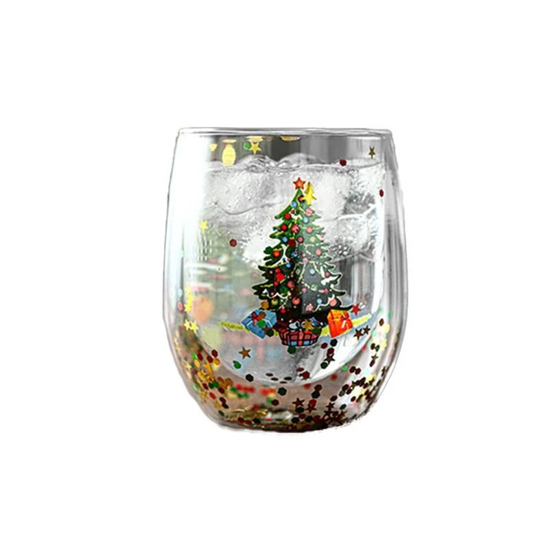 Double Wall Christmas Glass Mug Heat Resistant Holiday Coffee Cup