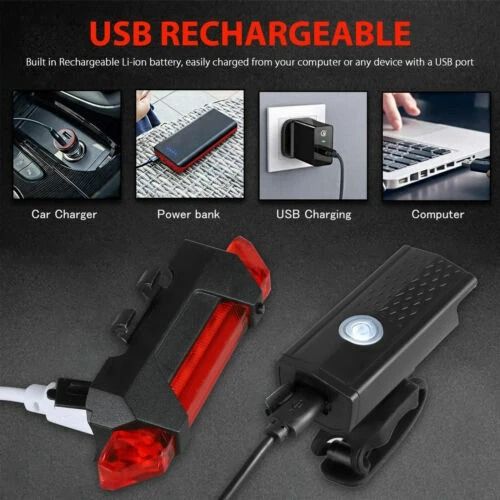 Bicycle Headlight Bike LED, USB Rechargeable Front Rear Lamp, Waterproof Cycling Light