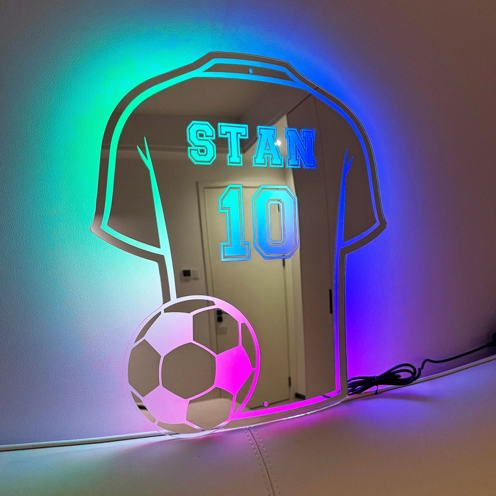 Custom Football Shirt LED Mirror | Personalized Acrylic Wall Decor & Man Cave Gift