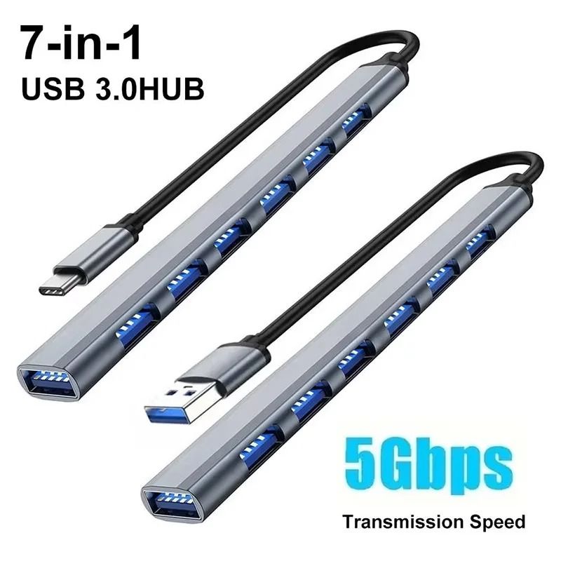 7-Port High-Speed USB 3.0 & Type-C Hub – Multi-Splitter Adapter for MacBook, PC, and Laptops