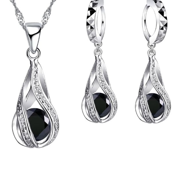 925 Sterling Silver Jewelry Set: Hot Water Drop Pendant Necklace & Hoop Earrings for Women - Wedding Party and Ceremony