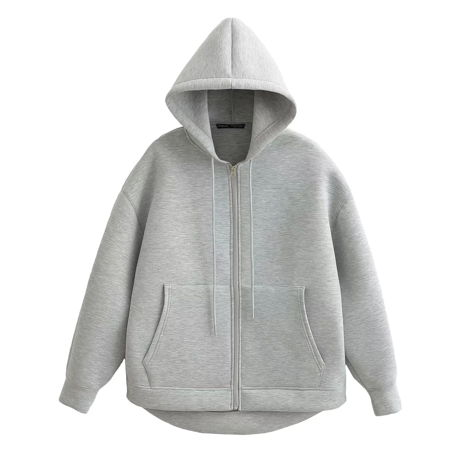 Women's Autumn Gray Jacket, Hooded Long Sleeve Coat, Loose Fit Casual Outerwear with Big Pockets