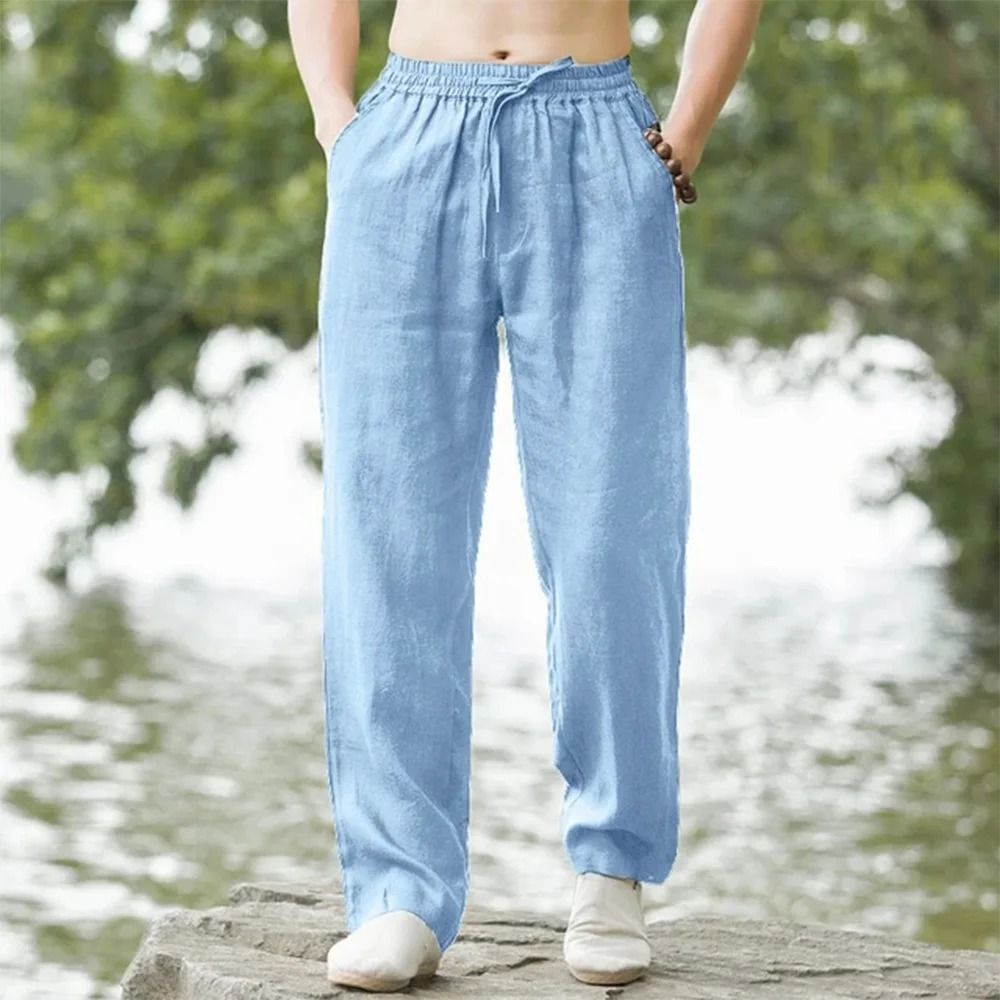 Men Summer Cotton Linen Beach Pants Casual Loose Joggers