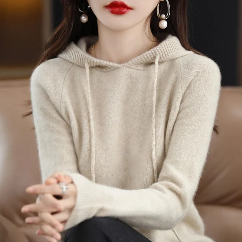 Casual Womens Knitted Hoodie Sweater Loose Drawstring Pullover Hoodie
