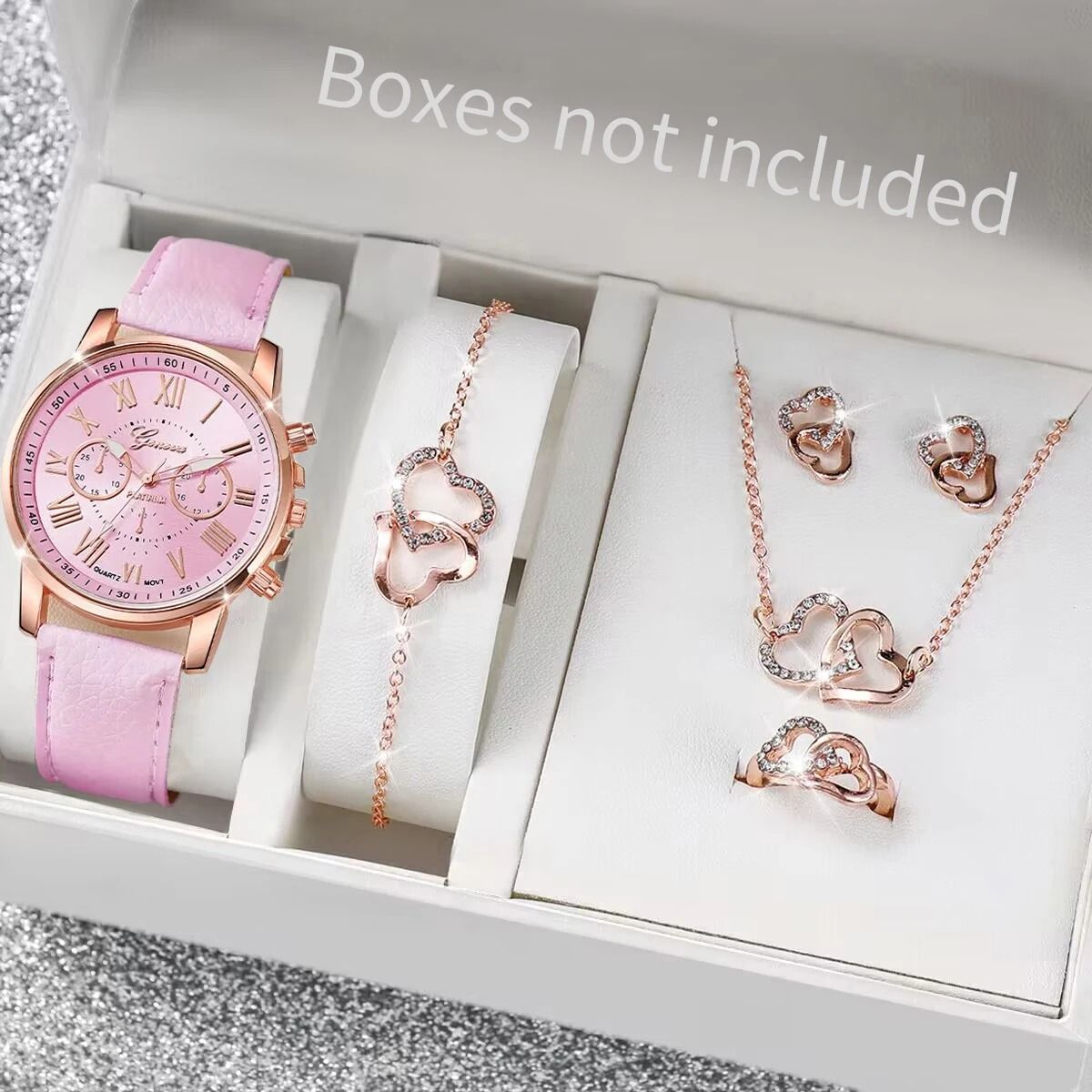 Women Luxury Watch and Jewelry Set Roma Dial Leather Band Quartz
