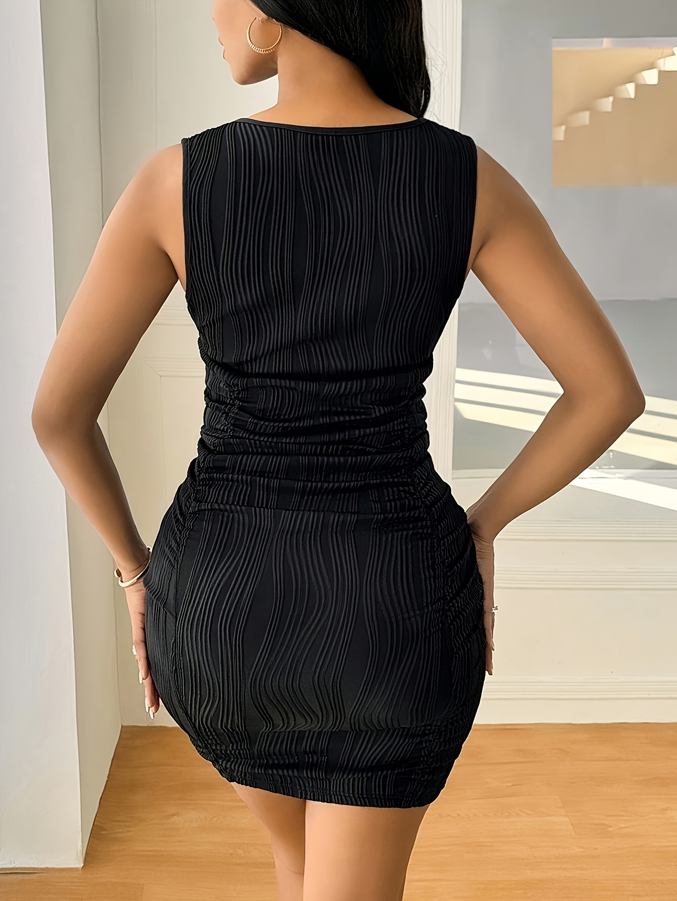 Women's Large Size Directional Elastic Ribbed V-Neck Slimming Jumpsuit with Cinched Waist