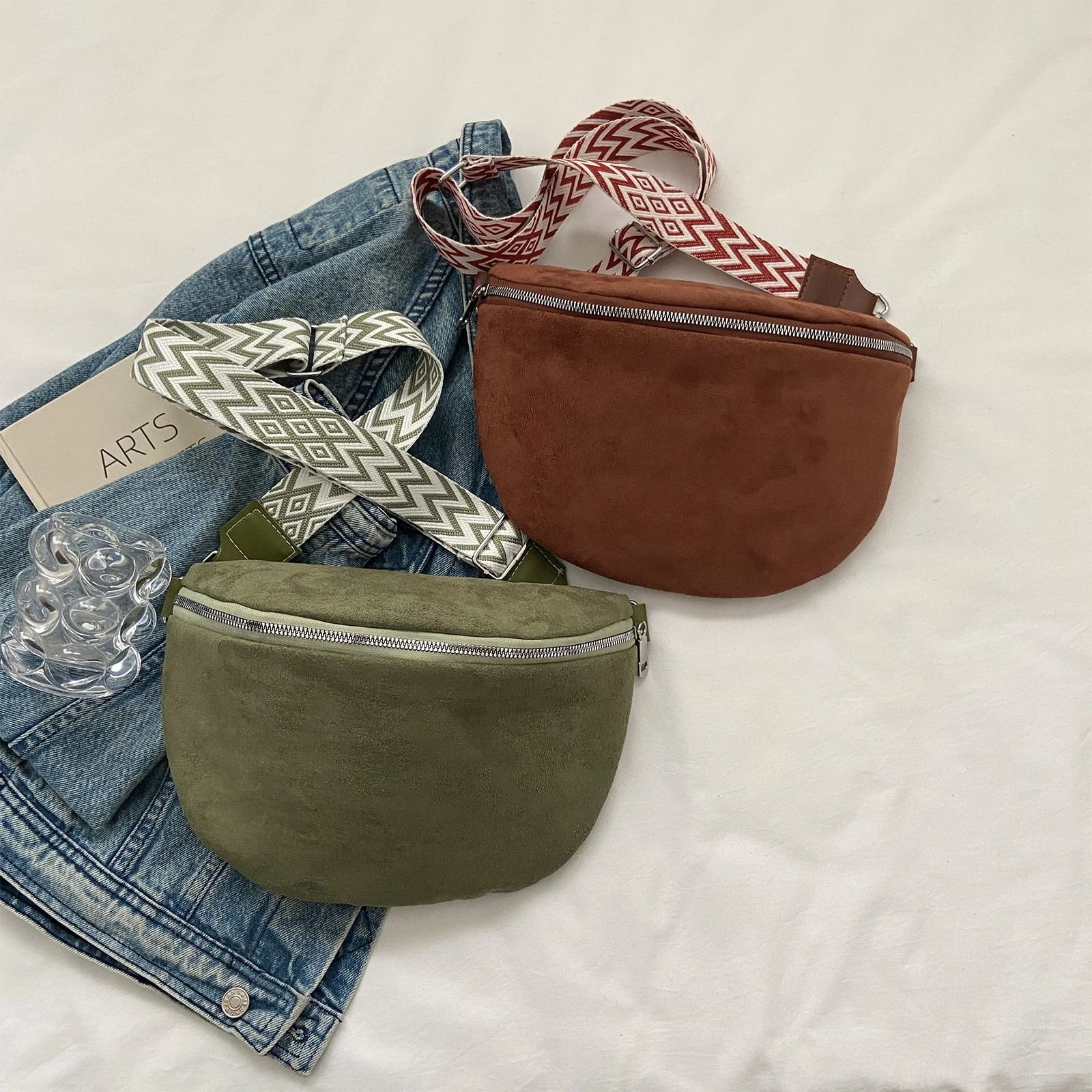 Fashion Suede Women Waist Bag Retro Half Moon Chest Bag with Wide Strap