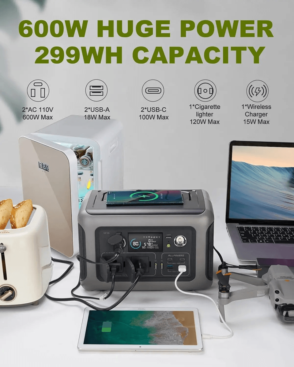 ALLPOWERS R600 Portable Power Station 299Wh with LiFePO4 Battery and 600W AC Outlets