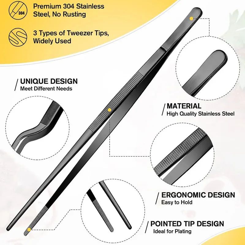 PrecisionGrip Cooking Tweezers Set – 3-Piece Stainless Steel Chef Tweezers for BBQ, Plating & Food Styling