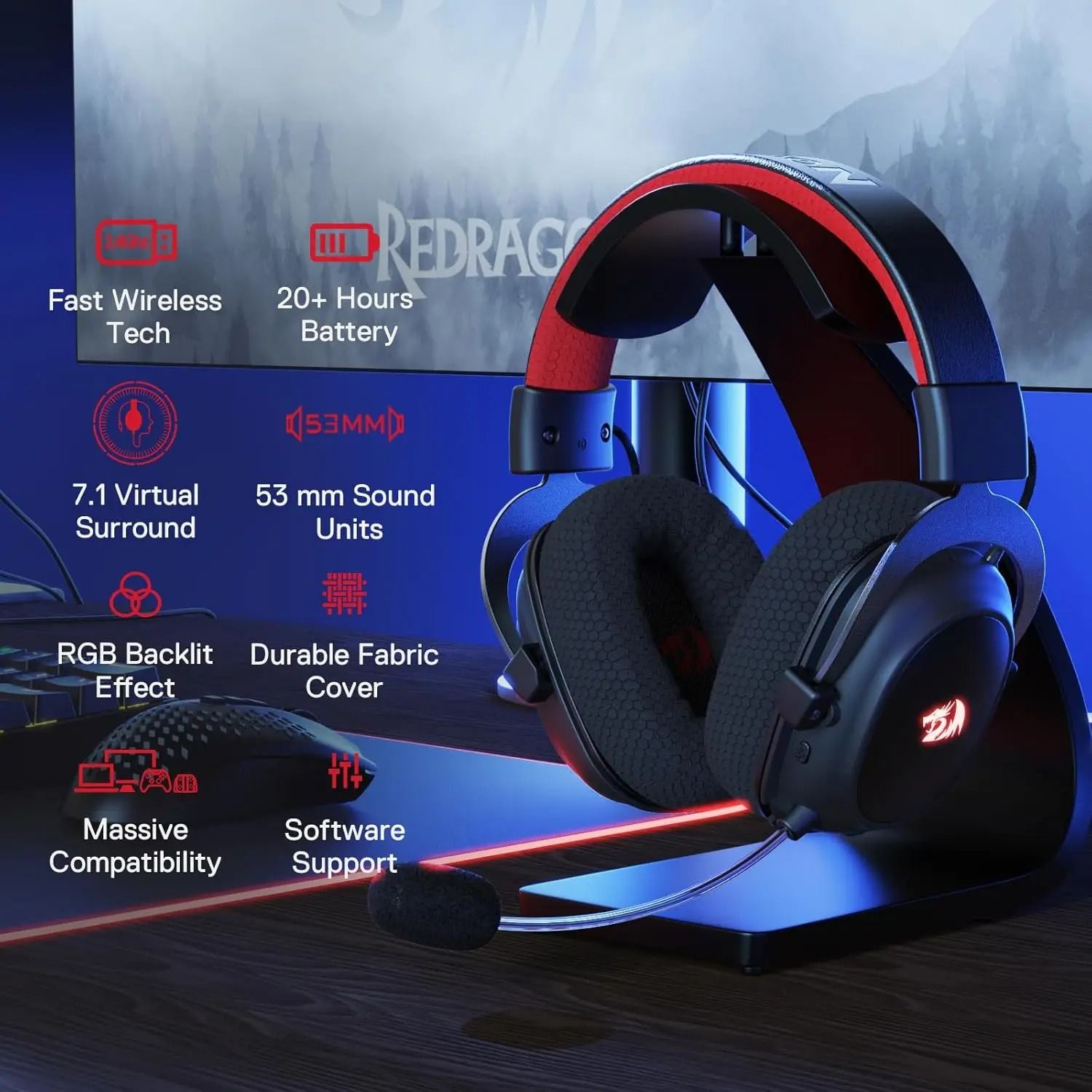 RGB Wireless Gaming Headset – 7.1 Surround Sound 53mm Audio Drivers