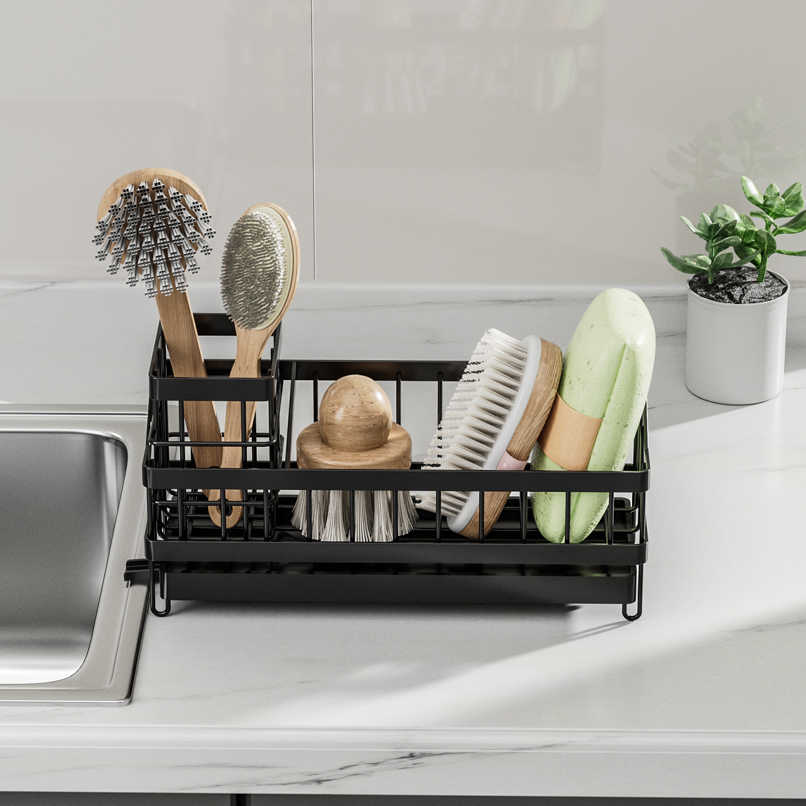 Drill-Free Wall-Mounted Dishwashing Sponge Holder Rack, Long Brush Drain Racker for Kitchen Storage