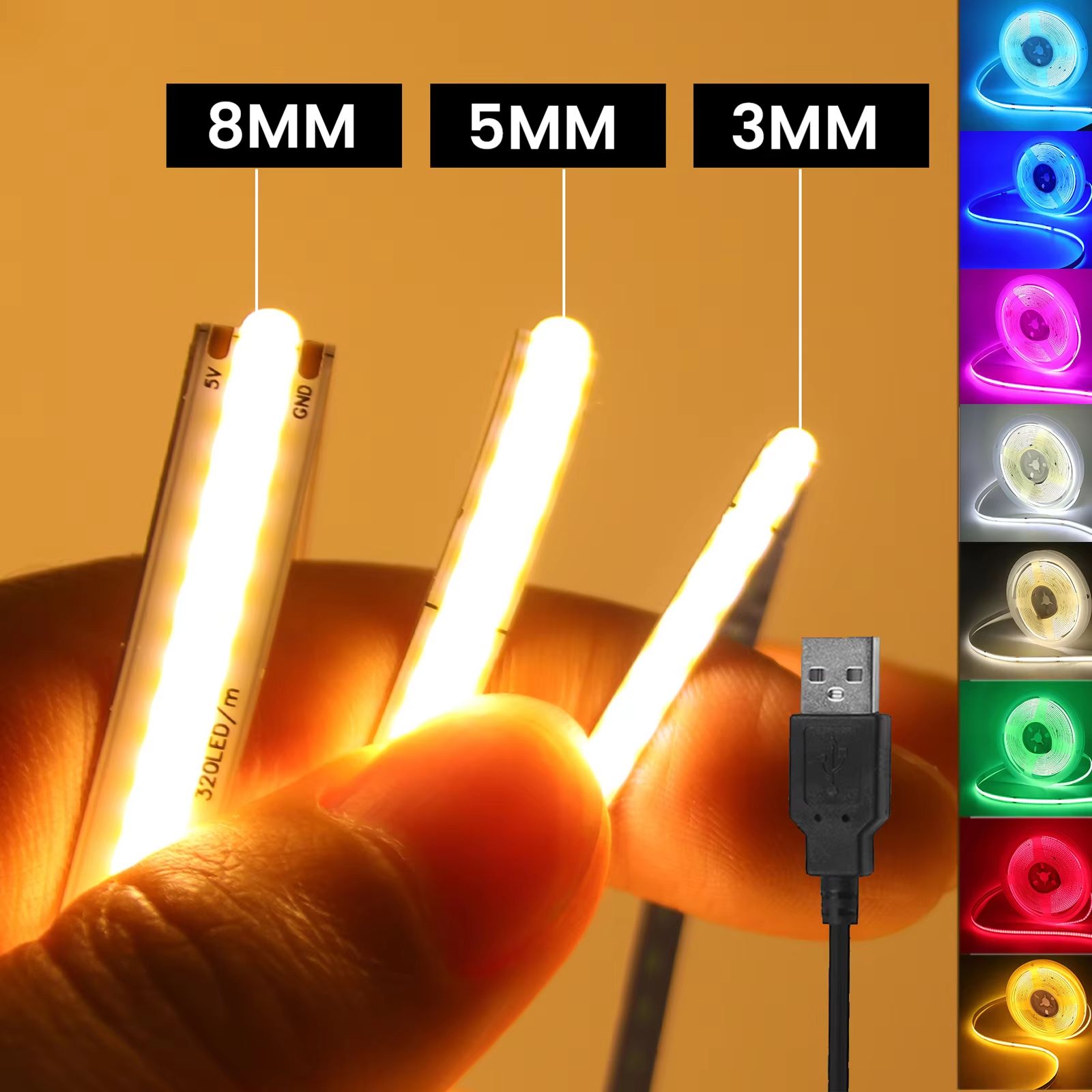 UltraSlim USB 5 V COB LED Strip Light – Multi-Colour Flexible Ribbon for TV Back-Light & Home Decor