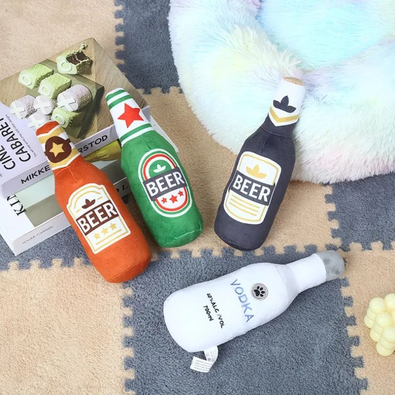 Plush Beer Bottle Dog Squeaky Toy