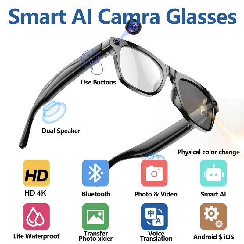 AI Smart Vision Glasses | 8MP HD Video Shooting & Voice Translation | Executive Waterproof Cam Bluetooth Sunglasses