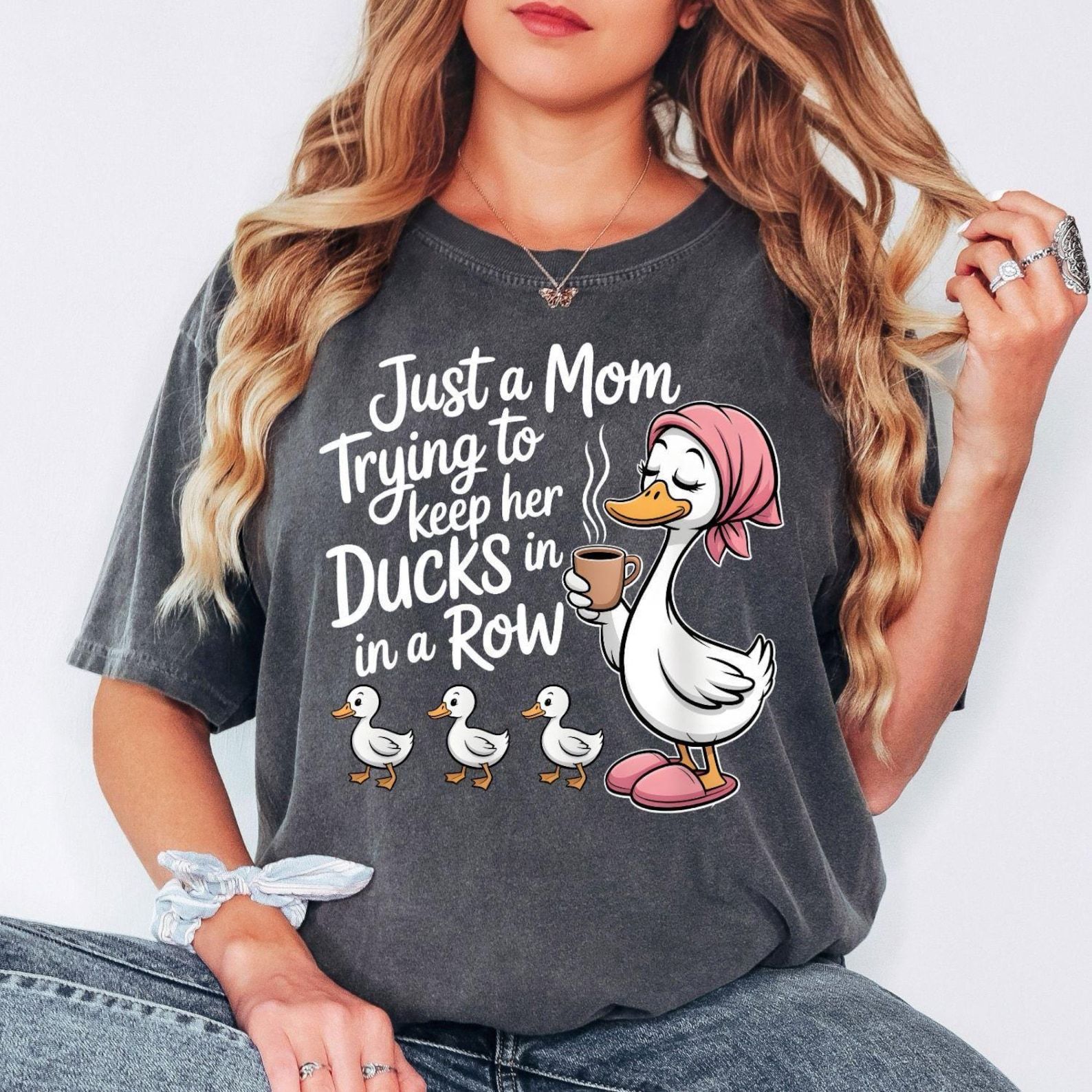 Just a Mom Trying to Keep Her Ducks in a Row Shirt Funny Duck Mom Graphic Tee