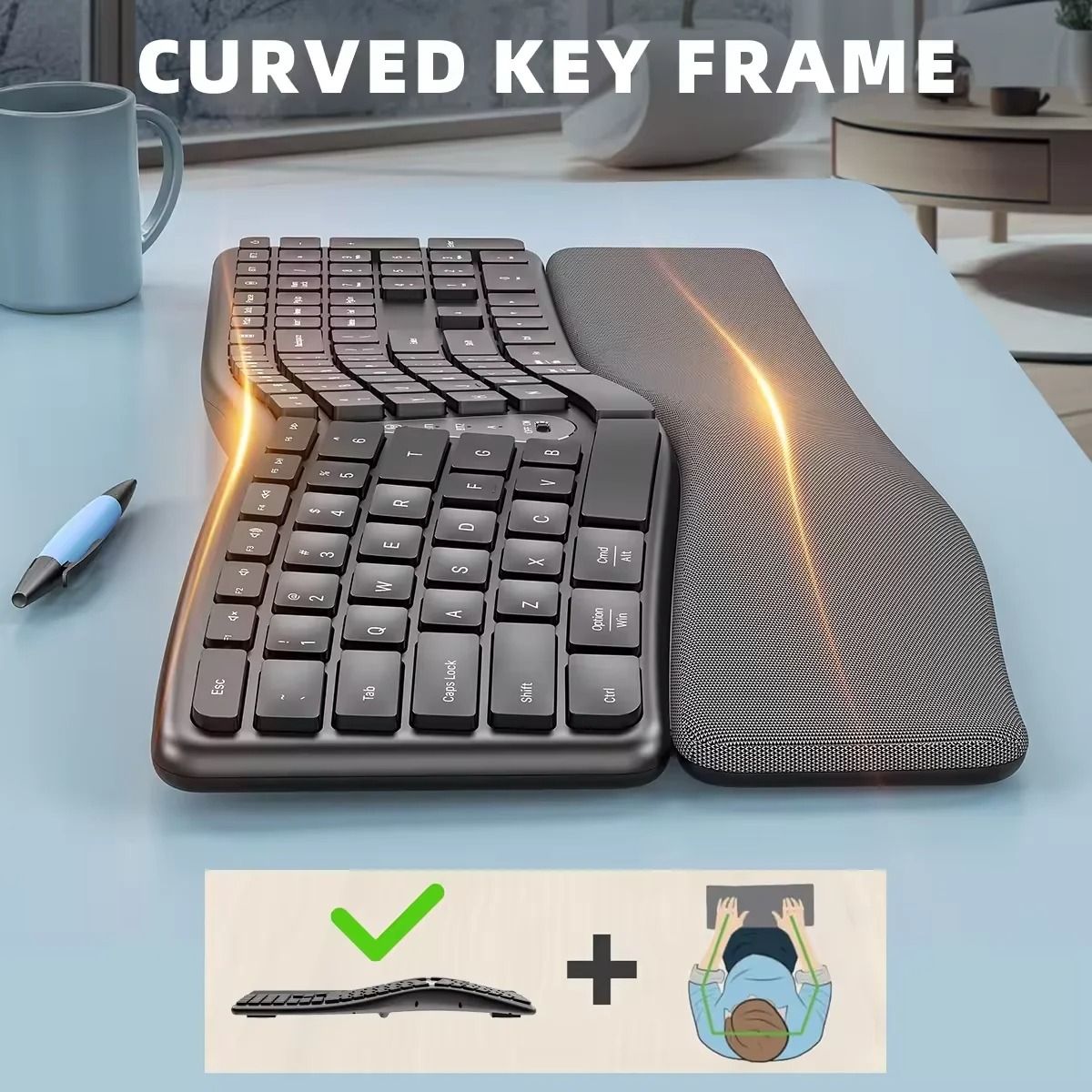 Ergonomic Wireless Keyboard with Palm Rest Multi Device Bluetooth Rechargeable