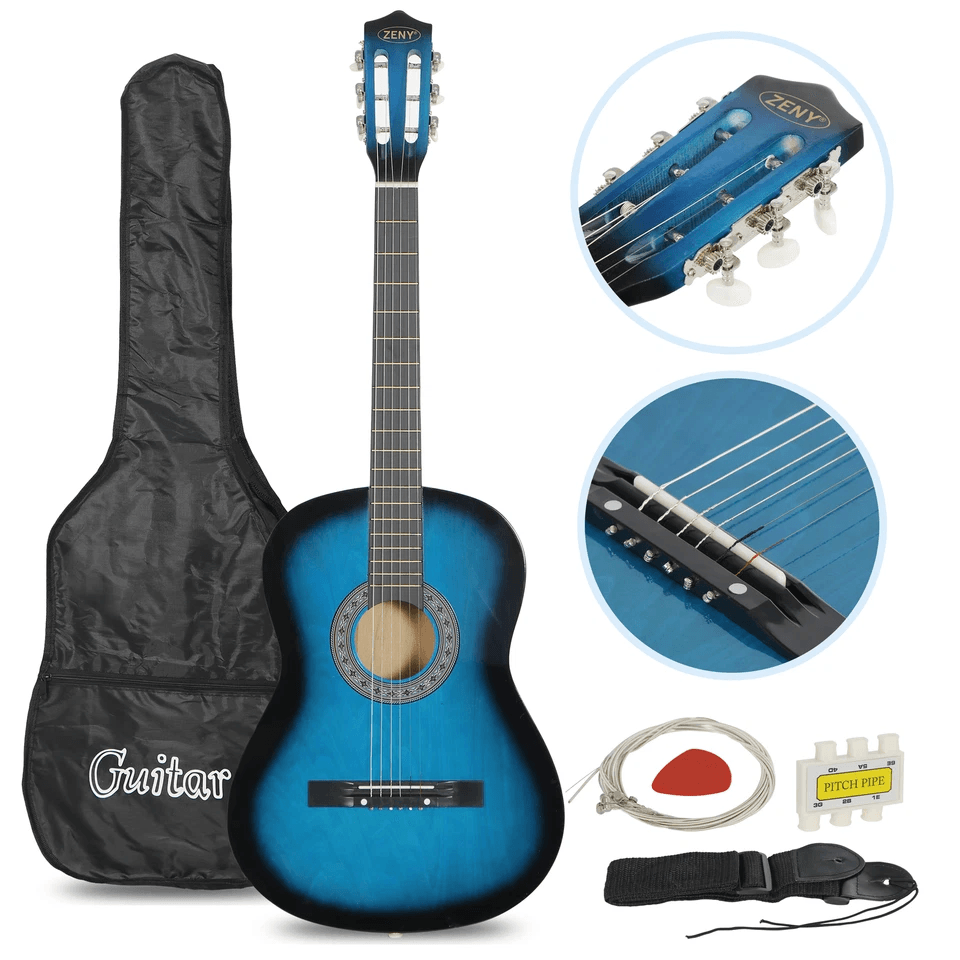 Blue Beginner Acoustic Guitar Bundle w/ Case, Tuner, Strap, Extra Strings