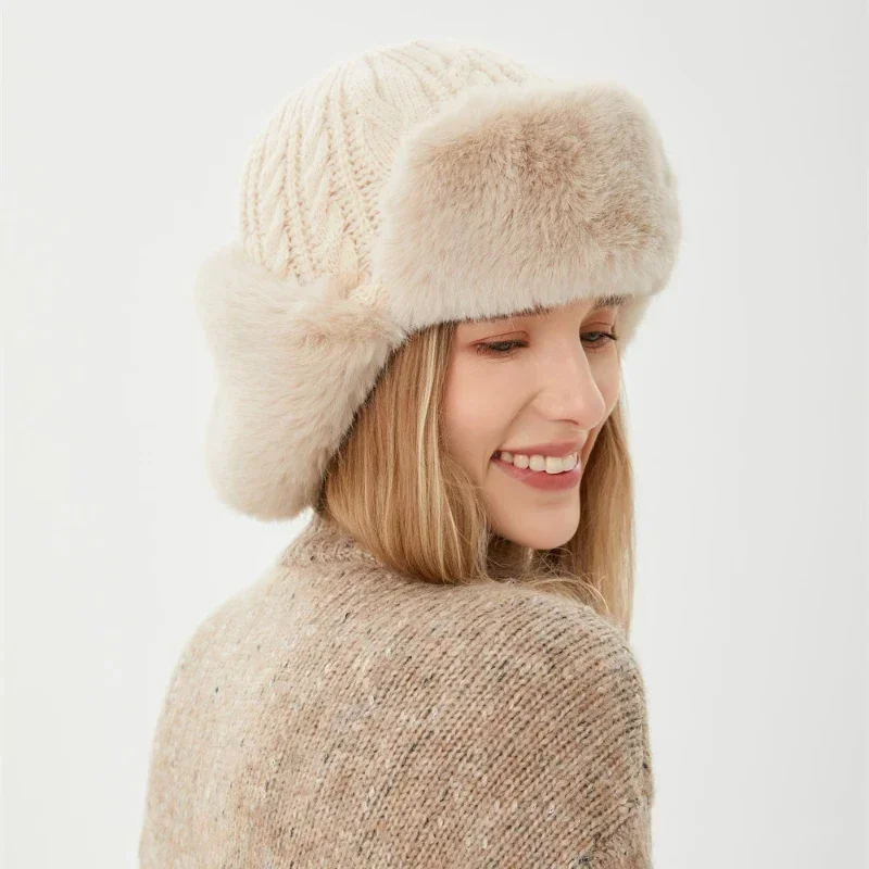 Womens Russian Caps Fur Winter Thickened Warm Knit Ushanka Earflap Pilot Hat Ski Snow Bomber Hat