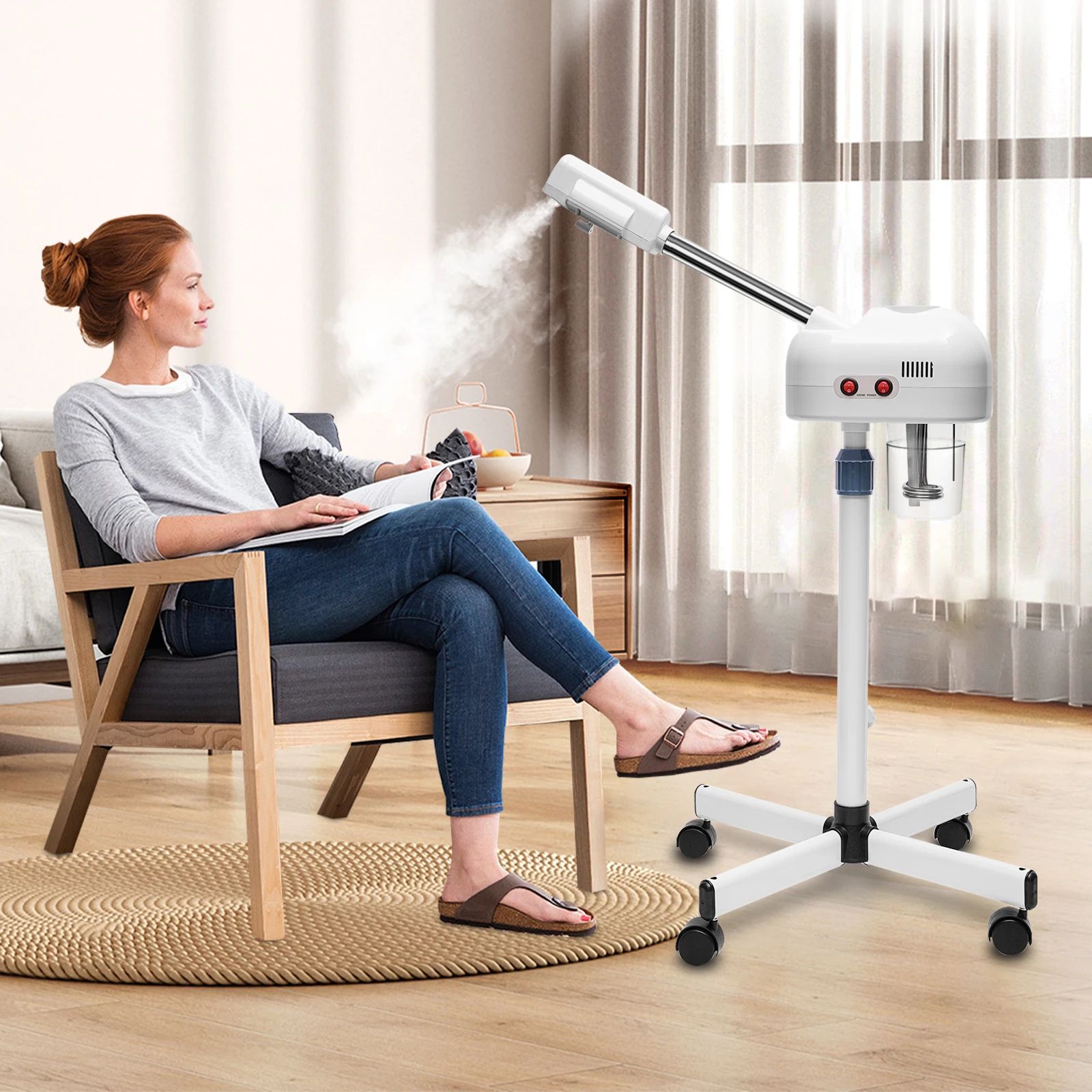 Professional Ozone Facial Steamer – Height Adjustable 360° Rotating Hot Mist Salon & Spa Steaming Machine with Wheels