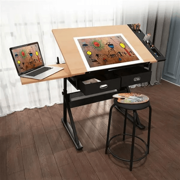 Height Adjustable Drafting Table Drawing Art Desk with Stool & 2 Drawers, Tilt Angle Artist Workstation